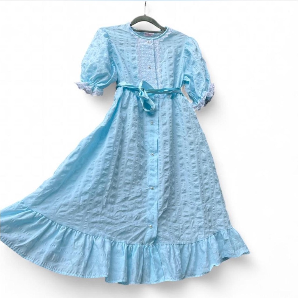 Vintage 70s Lady Weldon Baby Blue Lace Dress Ruffle Hem Babydoll Cottagecore S